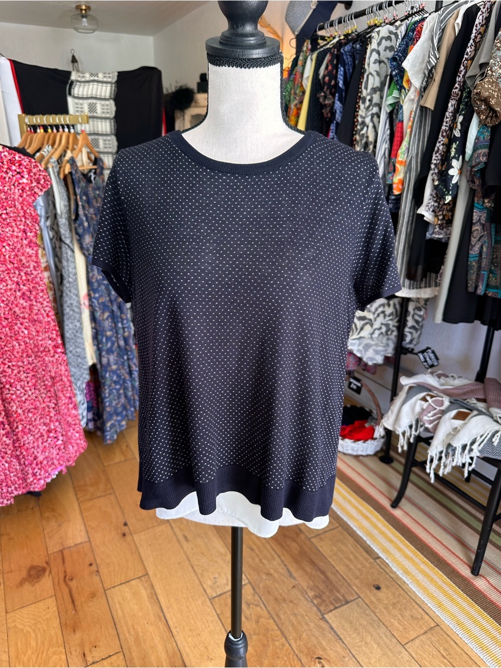 Ann Taylor Polka Dot Knit Top with Chiffon Hem